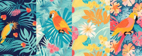 Set of abstract art seamless patterns with tropical leaves, flowers and parrots, Generative AI - obrazy, fototapety, plakaty