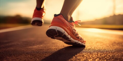 Estores personalizados com sua foto Close up view of runner sport shoes sprint running on track. Generative AI