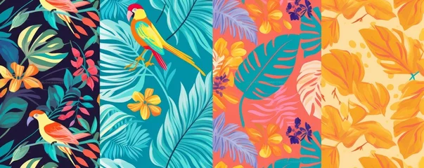 Foto op Canvas Set of abstract art seamless patterns with tropical leaves, flowers and parrots, Generative AI © Lens Legends