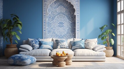 White sofa near blue motifs patterned wall. Boho or eclectic, bohemian interior design of modern living room. create using a generative ai tool 