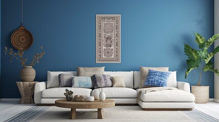 White sofa near blue motifs patterned wall. Boho or eclectic, bohemian interior design of modern living room. create using a generative ai tool 