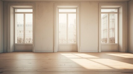 Window in empty room, old apartment building with parquet floor. create using a generative ai tool 
