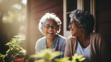 Two elderly women sitting on a cozy porch, laughing together as they share a cannabis joint in a friendly and legal setting. the cheerful and relaxed atmosphere.
