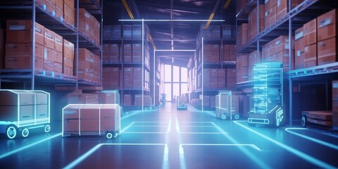 Smart warehouse with transporter robots and holographic dashboard. Generative AI