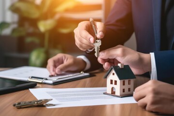 Real estate agent handing house key to buyer after signing rental least contract during house loan meeting. Successful property sale purchase agreement for new home ownership, Generative AI - obrazy, fototapety, plakaty