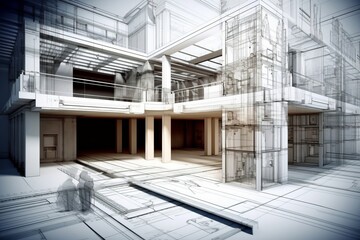 Architecture 3D and blueprints representation, Generative AI