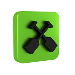 Black Paddle icon isolated on transparent background. Paddle boat oars. Green square button.