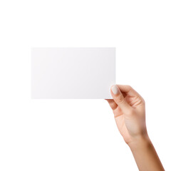 Obraz premium hand holding a blank paper note or business card mockup isolated on a transparent background, holding an empty note mockup in hand to show a text sign or message