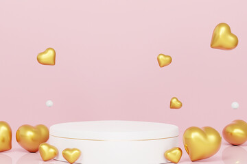 Cream white podium with hearts and golden balls. Valentine's Day, wedding, anniversary. Podium for product, cosmetic presentation. Make fun. Pedestal or platform for beauty products. 3D illustration.
