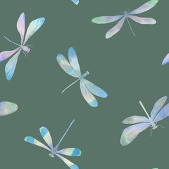 Fototapeta na wymiar watercolor dragonflies on green background seamless pattern