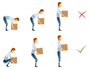 Lifting technique safe movement. Safety. Correct and incorrect instruction for moving heavy packages for workers. Ergonomic movement for loading objects flat illustration