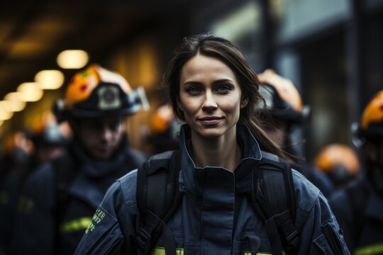 a woman wearing a firefighter uniform walking with other people