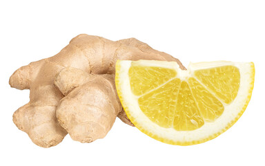 Ginger root and lemon isolated on white or transparent background. Natural remedy for cold and cough