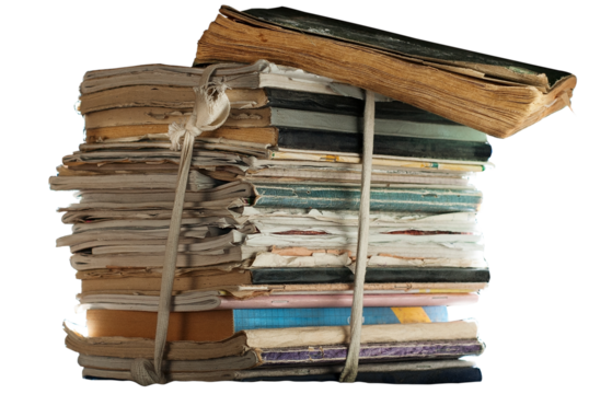 Stack of old notepads and notebooks for recycling. Sorting paper. Sustainable lifestyle