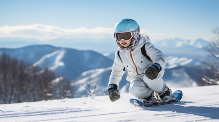 Fototapeta na wymiar Little boy snowboarding. Activities for children in winter. Children's winter sport. copy space