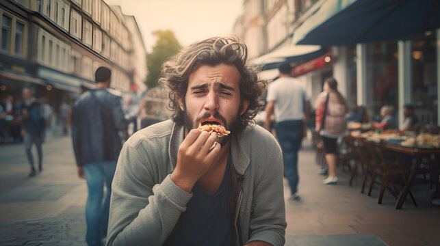 Unhappy customer wincing while eating street food while chewing