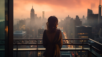 Fototapeta na wymiar woman contemplating over a cityscape on a balcony.