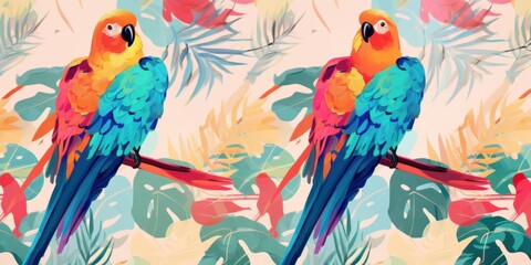 Abstract art seamless pattern with parrots and tropical leaves. Modern exotic design, Generative AI