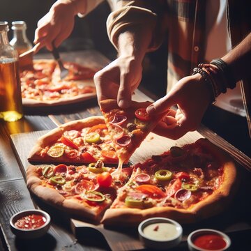 Close Up Of Multiethnic Young People Gather In Pizzeria Together Have Fun Sharing Tasty Italian Food, Diverse Colleagues Or Friends Take Pizza Slices Enjoy Dining Out In Bar, Takeaway Delivery Service