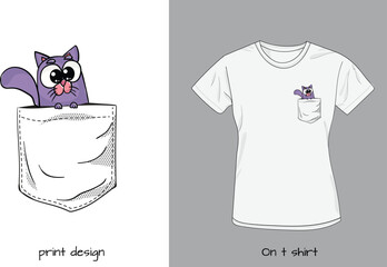 Funny violet cat in t shirt pocket. Cute animal in my pocket design, in my pocket, 
