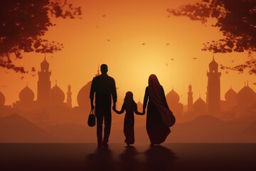 Ramadan card with mosque shadows background, muslim couple family silhouette 