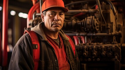Fototapeta na wymiar The Machine Operator: A Skilled Worker in a Red Hard Hat Operating Heavy Machinery