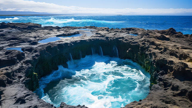 A photo of the Great Blue Hole, with a deep blue abyss as the background, during a sunny day