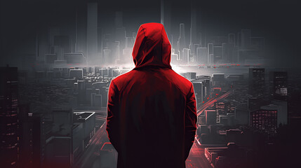 A shadowy figure in a hoodie standing before a futuristic cityscape - obrazy, fototapety, plakaty