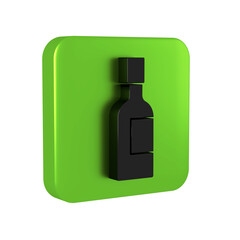 Black Champagne bottle icon isolated on transparent background. Green square button.