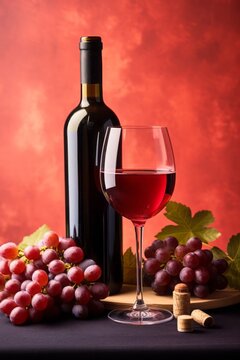 Glass with red wine and bottle of wine. Empty blank copy space on bottle of wine. Black grapes on the table. Red background.