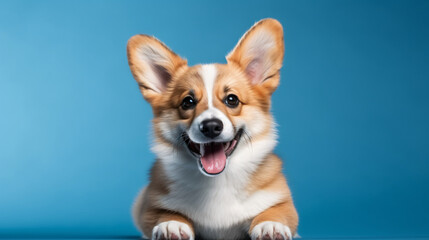 smiling welsh corgi pembroke, blue studio background. cheerful dog, adult animal.