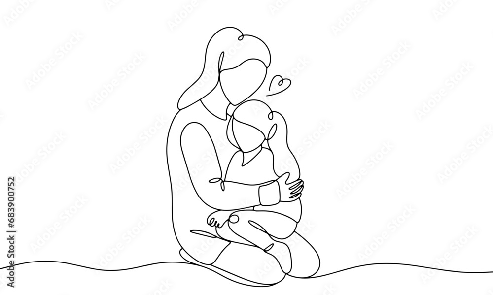 Wall mural Mom and daughter. Hugs. One line