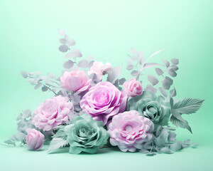 Obraz na płótnie Canvas Pastel pink green flower arrangement, creative greeting card