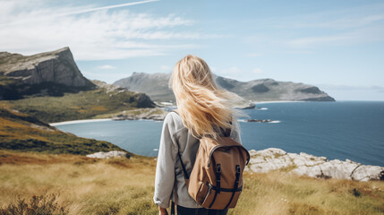 Fototapeta premium Blond hair woman with backpack enjoy beautiful nature landscape in North. Northern Fjord. Ocean and mountain. Tourist landmark. Amazing scenic outdoors view. Travel, adventure, lifestyle. Generated AI