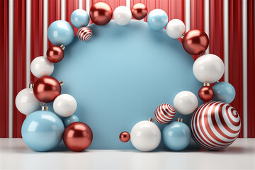 Scène 3D de nombreuses boules de Noël rouges et blanches - ambiance de fête de fin d'année et de joyeux Noël - fond bleu - espace vide pour écrire