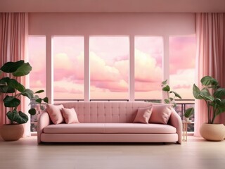 Modern Interior with large Windows and view of the sky, Pink Big sofa with pillows, and large plants. ai generation.