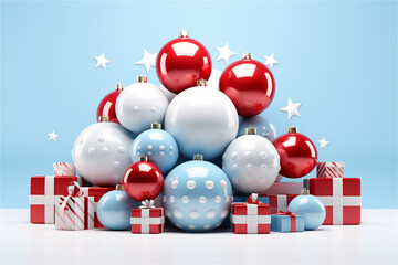 Scène 3D de nombreuses boules de Noël rouges et blanches et de cadeaux - ambiance de fête de fin d'année et de joyeux Noël - fond bleu - espace vide pour écrire