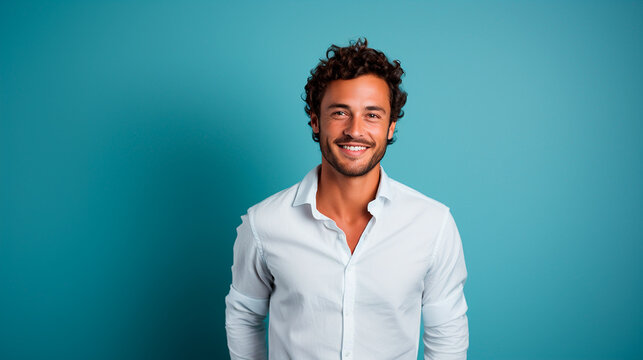 hombre latino, moreno sonriendo en un fondo azul, celeste  - Powered by Adobe