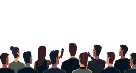 Press conference, reporter people crowd waiting for speaker. Media interviews and answers to questions. Political conference banner, reportage and briefing