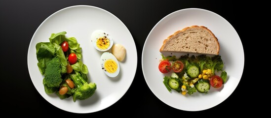 On an isolated white background, a plate with a white-green salad, a sandwich with bread filled with vegetables, and other healthy foods were arranged for a nutritious breakfast, lunch, or dinner meal