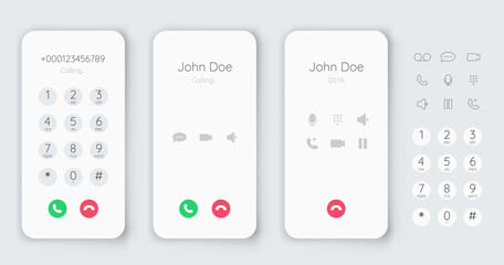 Smartphone dial phone ui set. Phone number pad, call screen with keypad and dial buttons. Mockup incoming call.  isolated illustration touchscreen telephone interface © designer_things
