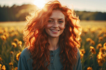 Young happy smiling ginger woman standing in a field with sun shining through her hair
