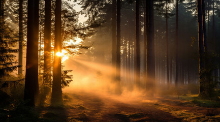 Sunrise and mist weave through a dark pine forest.