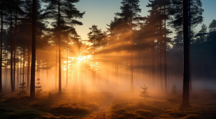 Fototapeta na wymiar Sunrise and mist weave through a majestic pine forest.