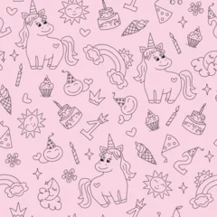 Poster Cute unicorn, pony, cartoon birthday attributes. Pattern Children's holiday, magic doodles. Hand drawn princess drawing set. Vector illustration. Sweets, candles, cap, crown, numbers.  © Olga
