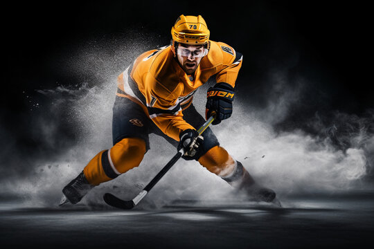 Focused young male ice hockey player isolated on black background - Powered by Adobe