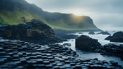 A photo of the Giant's Causeway, with hexagonal basalt columns as the background, during a misty morning