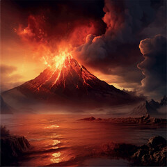 valcano with orange storm sky background illustration - obrazy, fototapety, plakaty