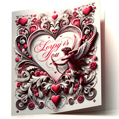 Romantic 3D Heart Design Greeting Card with Floral Embellishments - Concept of Affection, Valentine's Day, and Handcrafted Romance