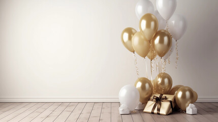 minimalist celebration background with golden and white balloons and elegant gifts